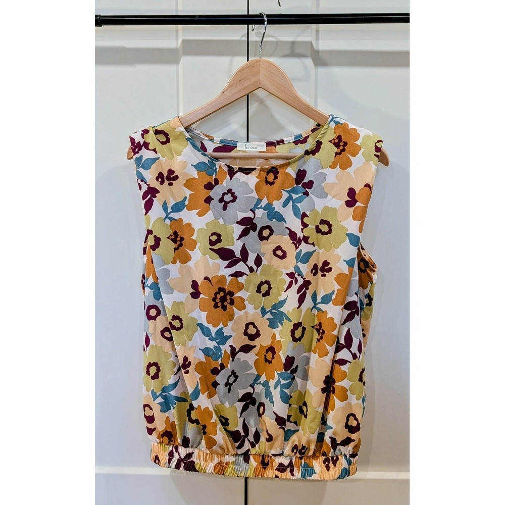 Les Amis Floral Tank Top Sleeveless Blouse Elastic Hem Multi-Color T1575-A L